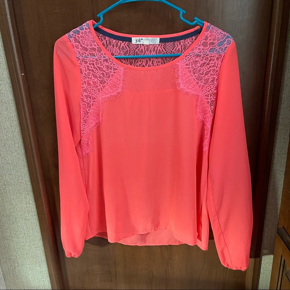 Jolt Neon Pink Sheer Long Sleeve Top with Lace Detail XS